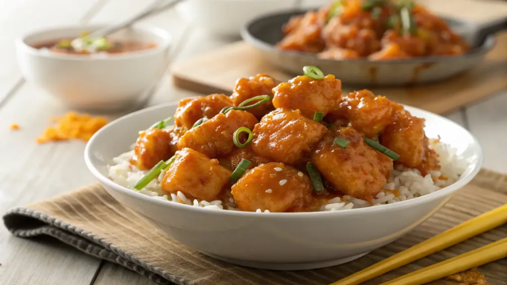 Side view of Panda Express Orange Chicken, served fresh with golden crispy chicken and vibrant orange sauce.