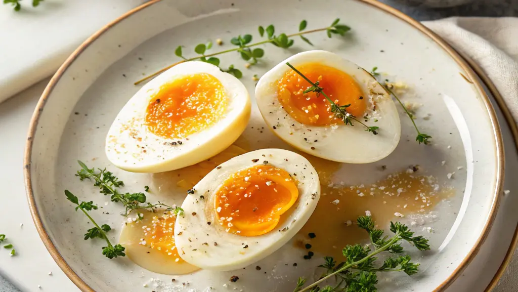 Perfectly cooked jammy eggs with soft yolks and firm whites, served on a stylish plate with a sprinkle of salt.