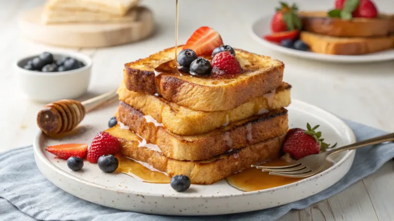 Golden-brown sourdough French toast topped with fresh berries and maple syrup on a stylish plate.