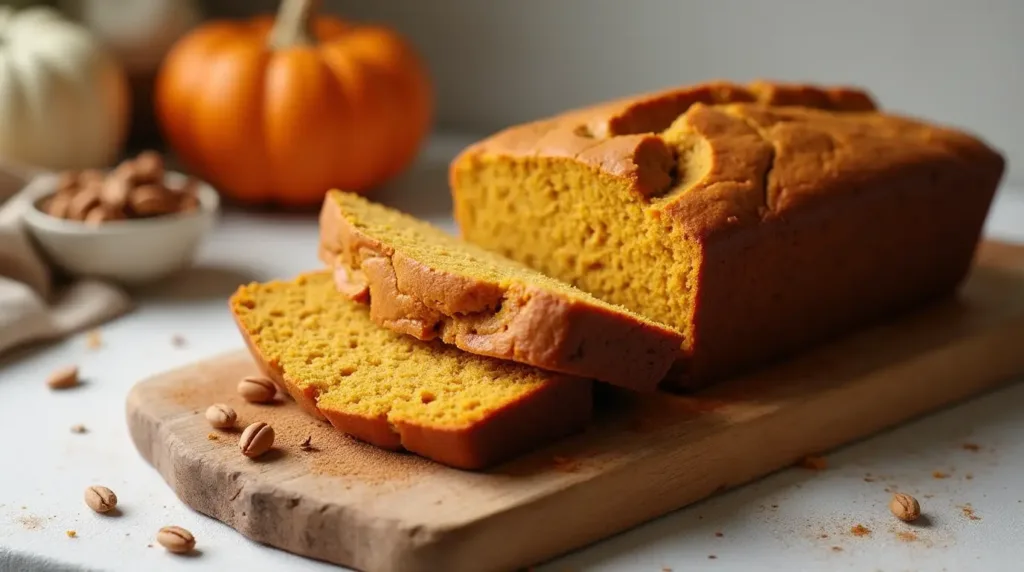 Pumpkin Protein Bread Recipe Presentation: A Beautifully Sliced Loaf on a Wooden Board