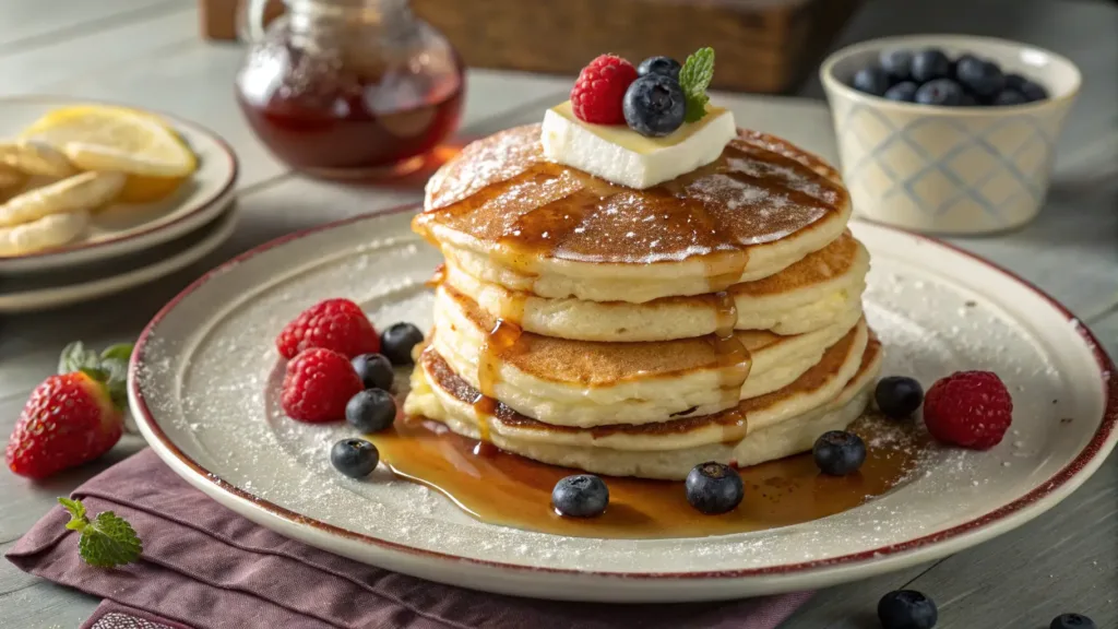 Cracker Barrel Pancake Recipe-Side-angle view of Cracker Barrel pancakes on a plate with natural lighting