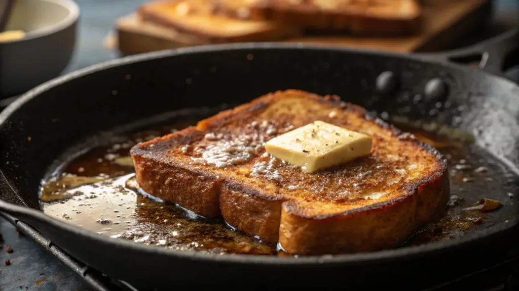 Close-up of sourdough French toast cooking on a skillet, turning golden brown and crispy.