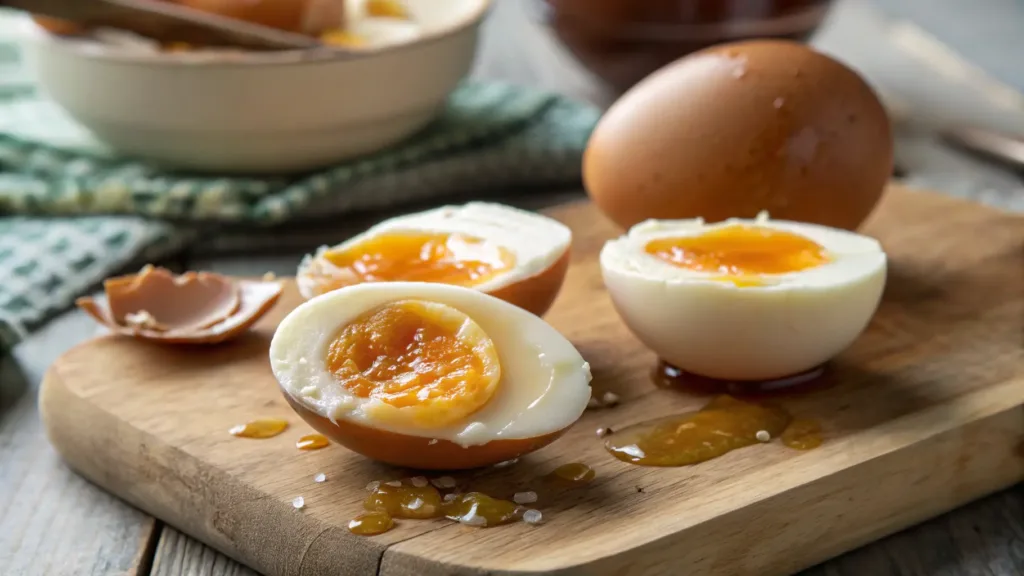 Close-up of a jammy eggs recipe being cracked open, showcasing its soft golden yolk and creamy texture.