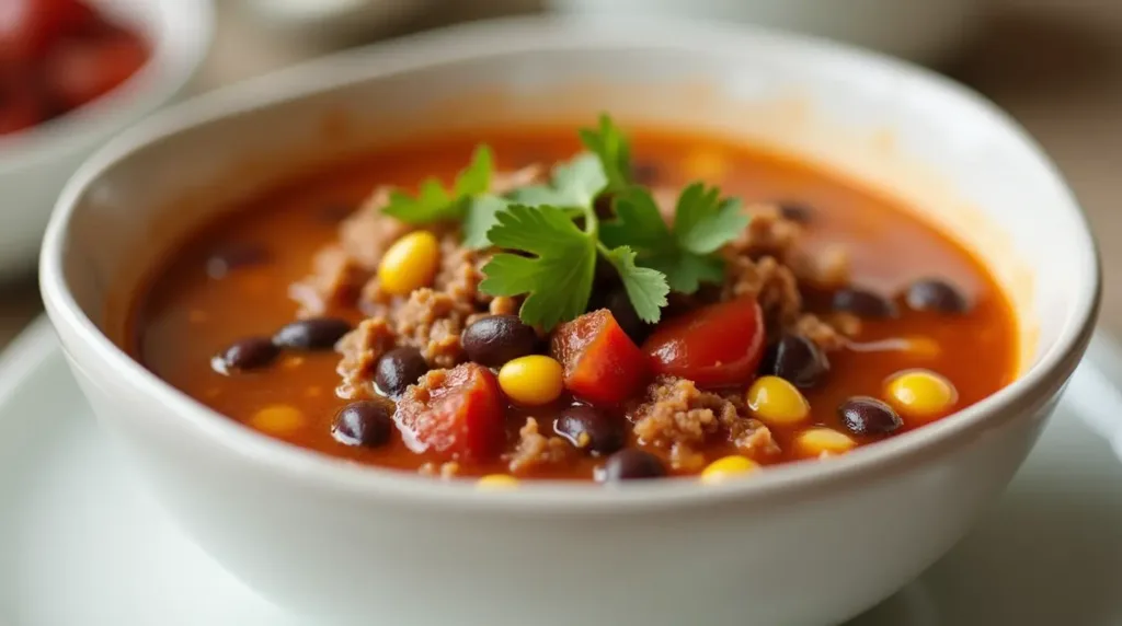 Beautifully presented Taco Soup Frios in a rustic bowl, ready to be enjoyed.