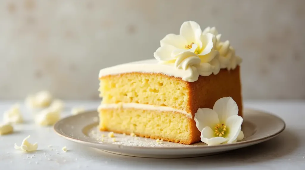 White chocolate in gluten free yellow cake recipe - beautifully presented dessert