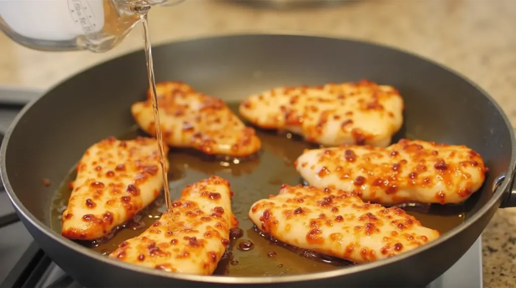 Step-by-step instructions for Apple and Honey-Glazed Chicken Tenders Recipe: Seared chicken tenders in a skillet with a glossy glaze