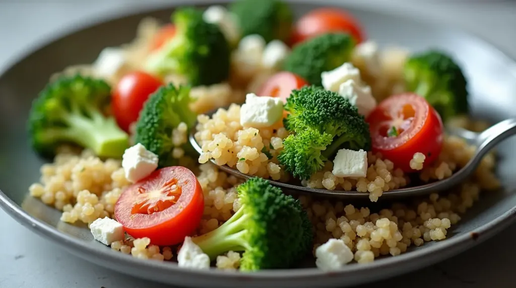 Quinoa and Broccoli Spoon Salad served in a modern dish, showcasing fresh ingredients in light and delicious colors.