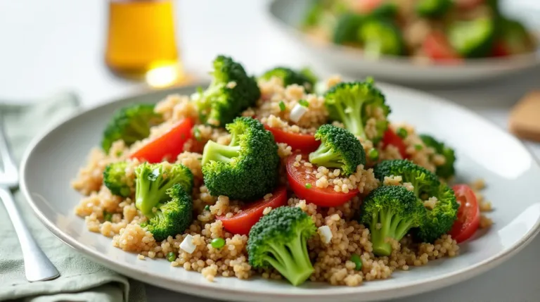 Beautifully plated quinoa and broccoli spoon salad with fresh ingredients, styled for an elegant presentation.