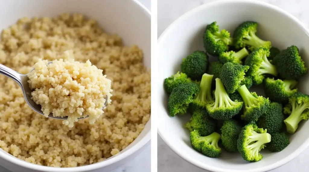 A cooking stage of quinoa and broccoli spoon salad, showing a key preparation step in detail.