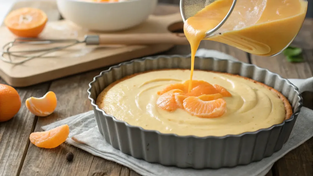 Mandarin Orange Cake batter being poured into a baking pan.