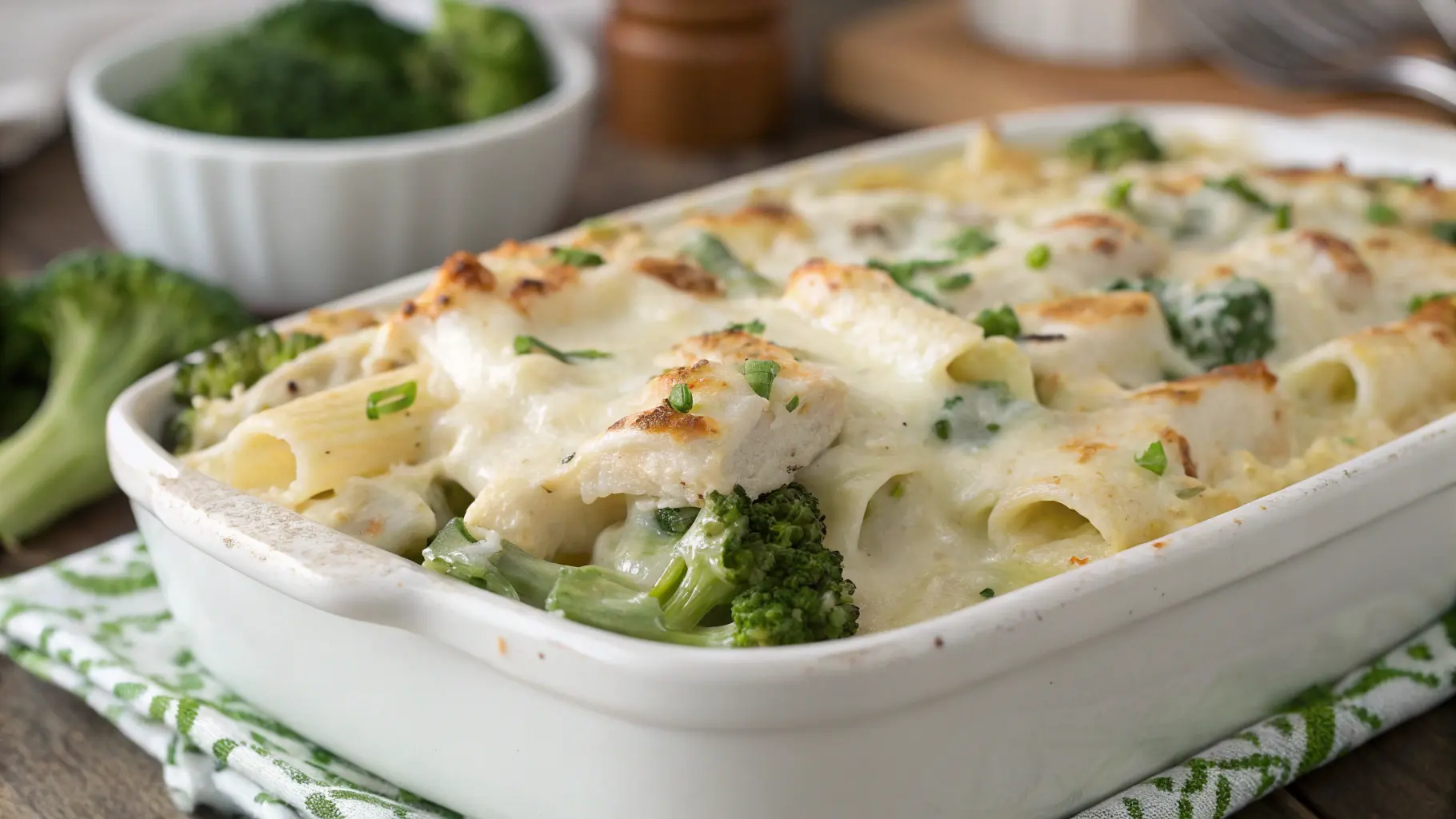 A beautifully styled plate of chicken broccoli alfredo pasta bake, showcasing vibrant colors, textures, and appetizing details, set in a high-end kitchen.