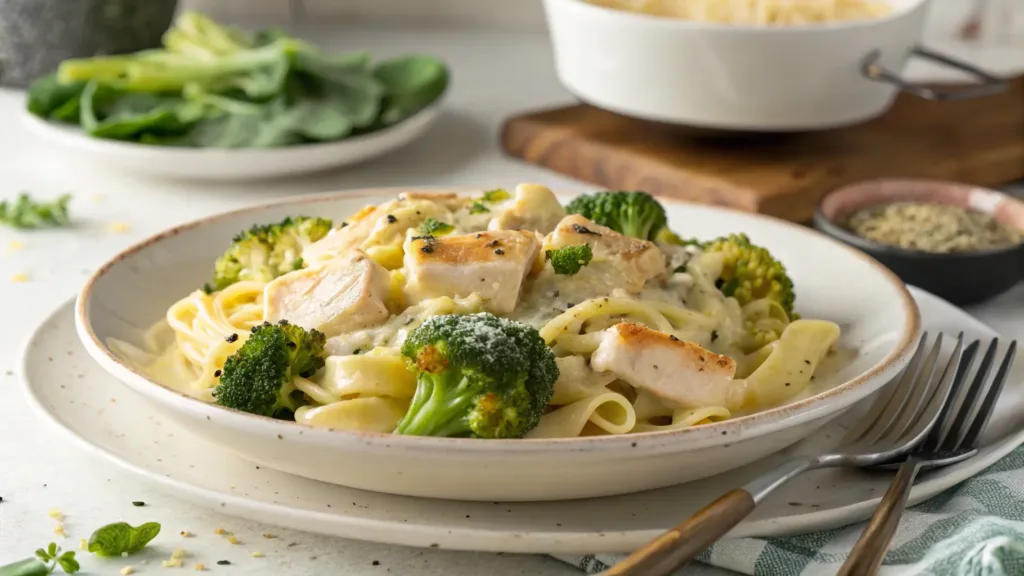 A side angle view of chicken broccoli alfredo pasta bake, displaying its fresh textures and appetizing appearance, set against a minimalistic background.