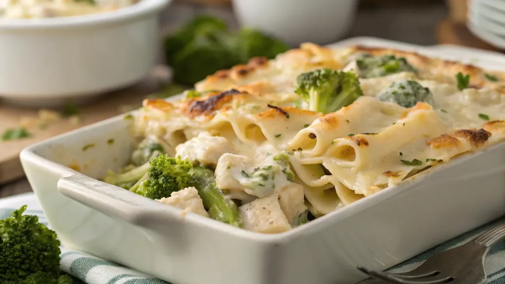 Close-up of chicken broccoli alfredo pasta bake, highlighting layers, textures, and garnishes in a warm, inviting light.