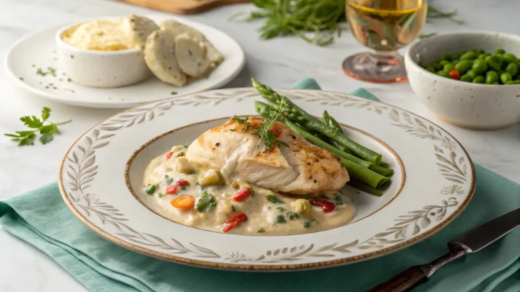 Freshly made creamed chicken served elegantly on a plate with vibrant colors and intricate textures.