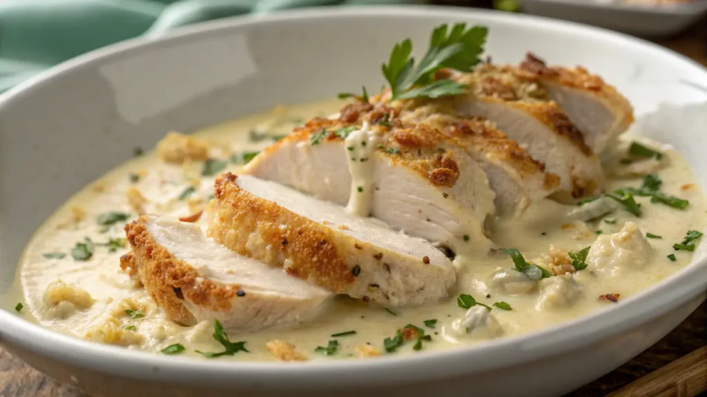 Close-up view of creamed chicken, highlighting creamy layers and garnishes with intricate textures.
