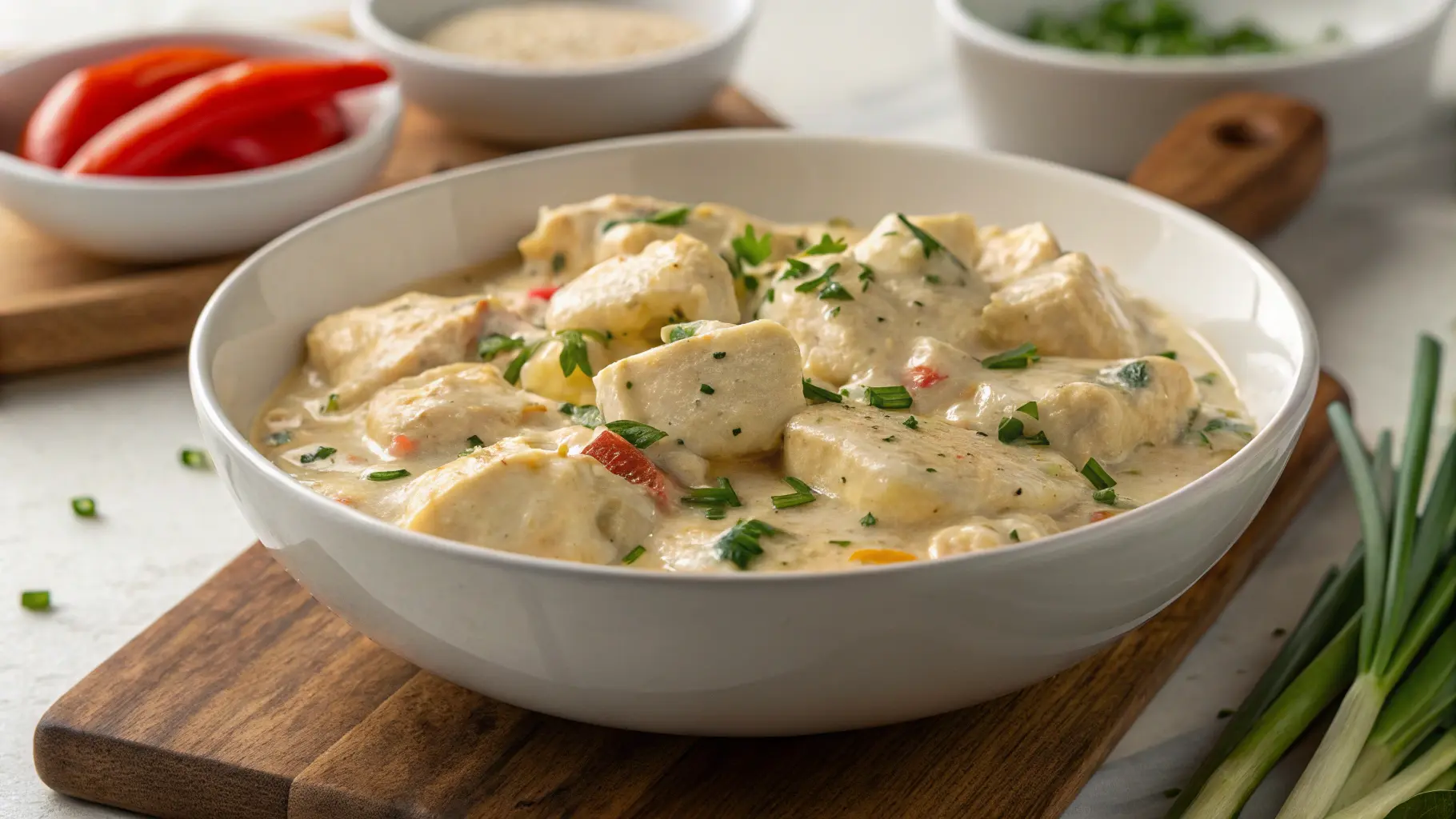Side angle view of delicious creamed chicken, showcasing clear texture details and an appetizing appearance.
